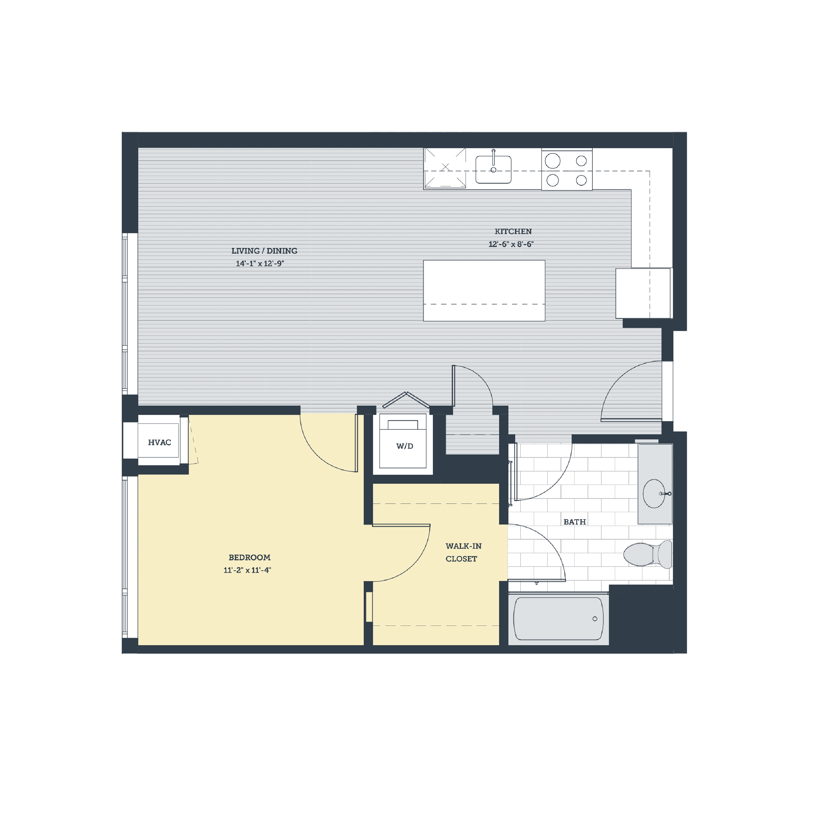 Floor plan for 1 bed, 1 bath, 697 sqft